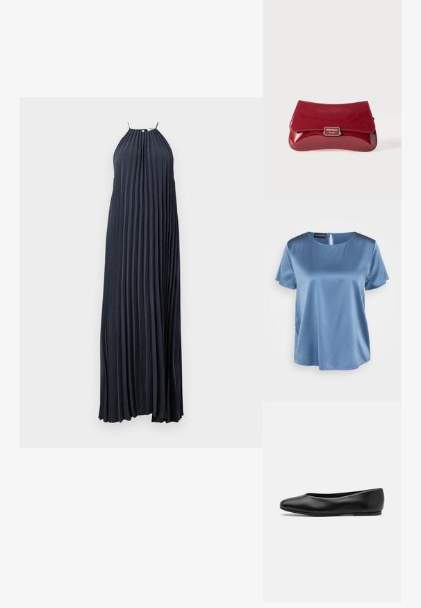 Largo vestido plisado de tejido azul marino. Diseño de cuello halter con tirantes finos. Textura suave, silueta fluida y dobladillo hasta los tobillos.; Blusa de satén azul de manga corta con escote cuadrado y cremallera en la espalda. Textura suave y ajuste ligeramente holgado.; Paul Smith TOPANGA - Bailarinas - black; Bolso de mano de charol rojo con un diseño curvado, solapa plegable y un acento de logo metálico en una placa plateada. Textura suave y brillante.