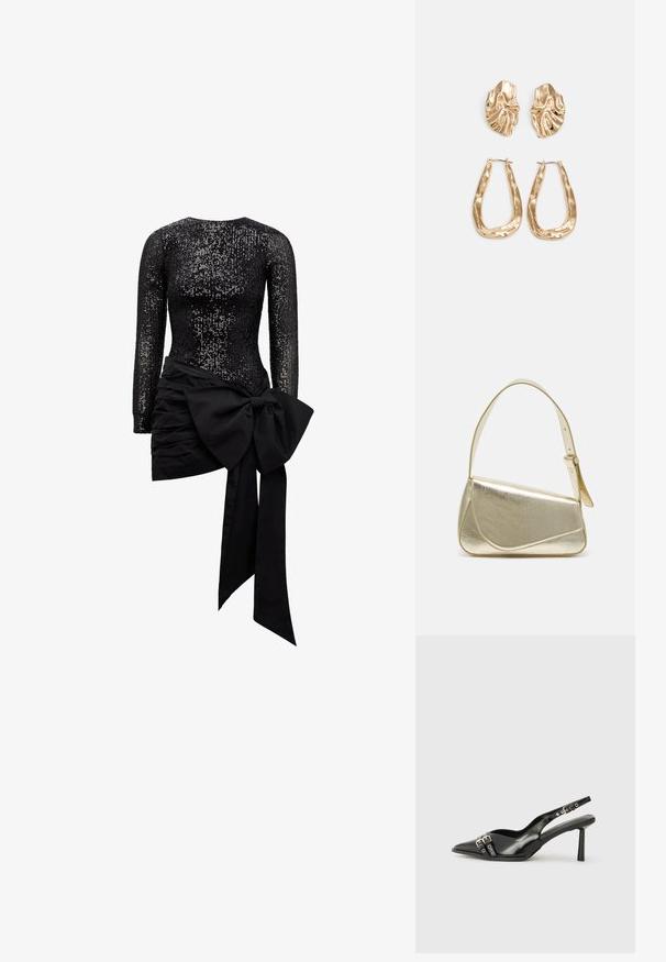 Svart kjole med lange ermer, med en paljettbesatt overdel og en strukturert silkeskjørt med en stor sløyfe og drapert detaljer.; Sorte patentlær slingback-sko med spiss tå, ankelremmer med sølvspenner og detaljer, og en slank hæl.; Gullfarget metallisk håndveske med en strukturert design, glatt tekstur og justerbar stropp. Har en unik trekantet form og minimalistisk søm.; Gullfargede øredobber med teksturerte, bølgete former. Inkluderer skulpturelle klipsstuds og åpen hoop-design med en hamret finish.