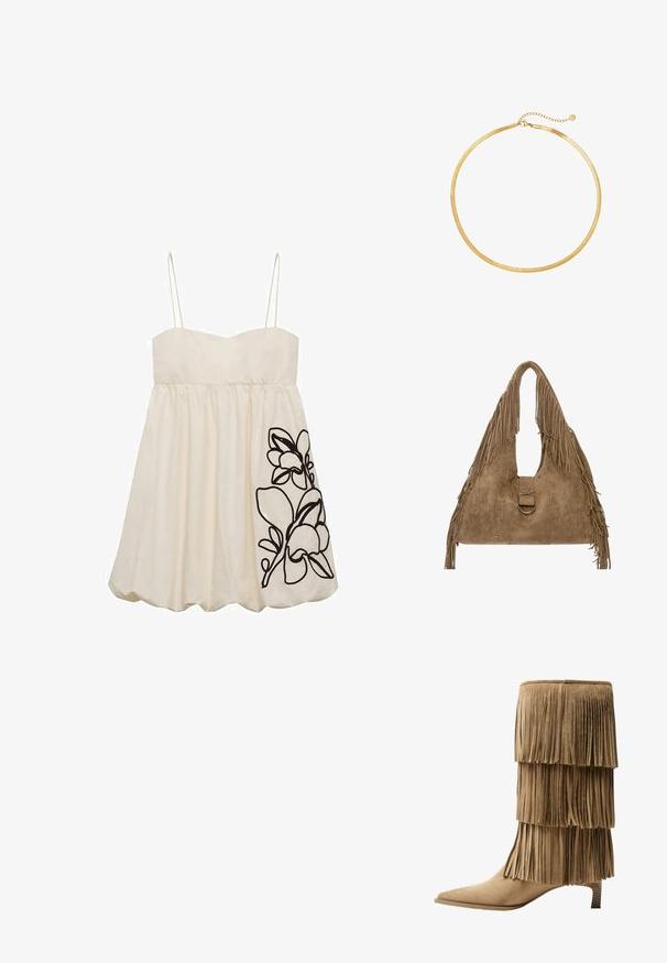Weißes ärmelloses Kleid mit einem taillierten Oberteil und einem ausladenden Rock, versehen mit schwarzer Blumenstickerei auf der linken Seite. Glatte Stoffstruktur.; Fransen-Stiefelette aus taupefarbenem Wildleder mit drei Lagen Fransen. Spitz zulaufende Zehenpartie und ein niedriger Blockabsatz. Durchgehend glatte Oberfläche.; Suede-Handtasche in Beige mit Schultergurt, fransigen Kanten, runder Ringbeschläge und dekorativen Nähten mit silbernen Nieten.; Goldmesh-Choker-Halskette mit flachem, flexiblem Design. Verfügt über eine Kettenverlängerung für anpassbare Länge. Glatte Textur, minimalistischer Look.
