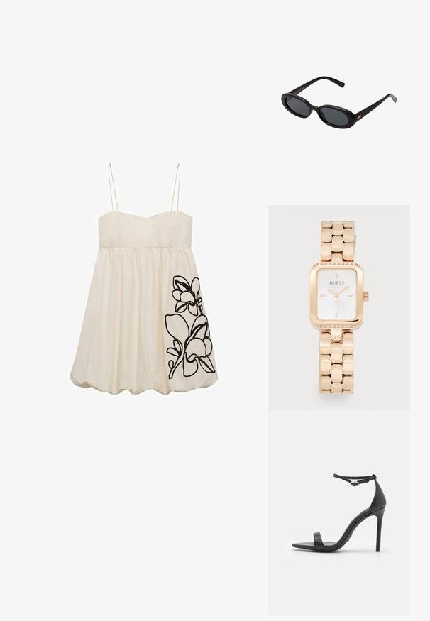 Valkoinen hihaton mekko, jossa on tiukka yläosa ja levenevä hame, vasemmalla puolella musta kukka-embroidery. Sileä kankaan rakenne.; Musta korkeakorkoinen sandaalit avonaisella kärjellä, ohut remmi ja nilkkahihna. Silkinpehmeä nahkapinta ja kärjen terävä muoto.; Mustat ylisuuruiset aurinkolasit, jotka ovat soikeat linssit, sileä muovikehys ja kultaiset korostukset temppeleissä. Tummat linssit tarjoavat suojaa auringolta.; Ruusukultainen suorakulmainen kello metallihihnalla, jonka kehykseen on kiinnitetty jalokivikoristeita, ja valkoinen kellotaulu, jossa on mustat merkinnät ja viisarit.