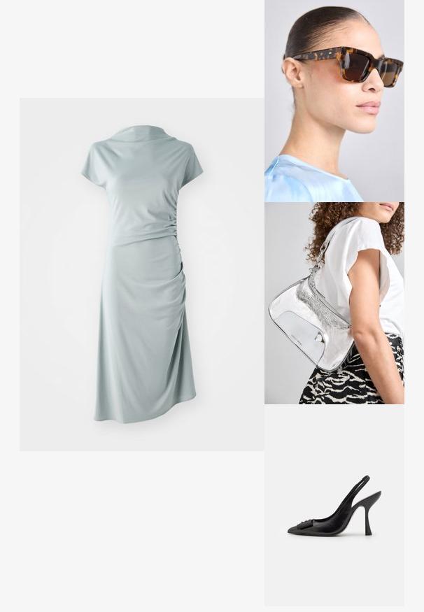 Světle modré šaty vyrobené z měkké látky, s výstřihem do lodi, krátkými rukávy a nabraným detailem na jedné straně. Hladký povrch a délka ke kolenům.; Černá kožená slingback obuv se špičatou špičkou, úzkým vysokým podpatkem a dekorativním mašličkovým prvkem. Hladká textura a elegantní design.; Sluneční brýle v želvovinovém stylu s robustním obdélníkovým rámem. Tmavé čočky a zlaté akcenty na stranicích. Hladký, lesklý povrch.; Stříbrná metalická kabelka na rameno s hladkým povrchem, zakřiveným designem, řetízkovým popruhem a lesklým předním panelem s jemným laserem vyrytým logem.