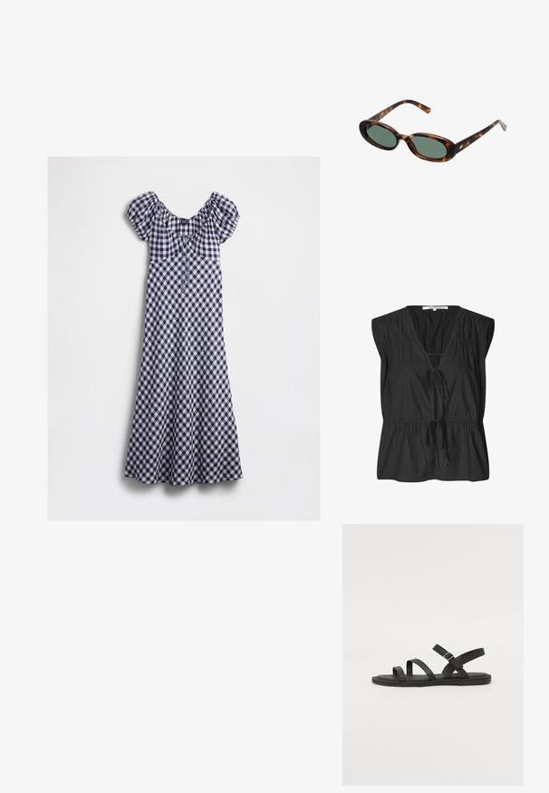 Námornícko-modré a bílé kostkované šaty s vypuštěnými rukávy, dekoltem na ramena a přiléhavým korzetem, který se rozšiřuje do midi délky.; Second Female FELIXA - Blúzka - black; Čierne kožené sandále s tromi širokými pásmi cez nohu a nastaviteľným remienkom na členku. Ploché dno s minimálnym vzorom. Jednoduchý dizajn.; Slnečné okuliare v štýle korytnačiny s oválnymi rámami a zelenými sklami. Majú tenké nožičky s kovovým akcentom pri pántoch.; Tkaná žltá kabelka s oblúkovou hornou rukoväťou a neštruktúrovaným tvarom. Textúrovaný povrch obsahuje krížový vzor.