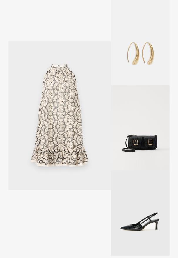 Rochie din dantelă cu guler halter, având o bază crem cu modele florale intricate și o margine ondulată. Material ușor și texturat.; Pantofi cu toc slingback negri din patent, cu vârf ascuțit, cu imprimeu de șarpe texturat, curea ajustabilă și toc scurt texturat.; Geantă neagră din piele, tip crossbody, cu două buzunare frontale, catarame aurii, închidere cu fermoar și o curea subțire. Suprafață texturată și formă rectangulară compactă.; Cercei din metal auriu, cu un design curbat și alungit. Au o suprafață netedă și strălucitoare, cu un vârf rotunjit pentru un detaliu suplimentar.