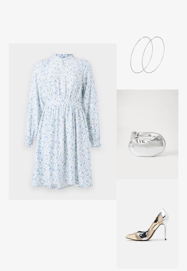 Gėlėta suknelė šviesiai mėlynos ir baltos spalvos audinyje, su ilgomis rankovėmis, surinkta talija ir aukštu kaklu. Puošia subtilūs botaninių raštų motyvai.; Aštrus pirštas aukštakulnis batelis su sidabro, aukso ir nuogų spalvų deriniu. Blizgus paviršius su išpjovos dizainu, su stiletto kulnu.; Sidabrinė metalinė maišelio forma su švelnia, apvalia forma ir mazgu užveriamu viršumi. Pagaminta iš lygios dirbtinės odos medžiagos.; Sidabrinės pusmėnulio auskarai minimalistiniu dizainu. Apskritimo forma, lygus paviršius ir plonas profilis. Lengvi su poliruotu apdailu.