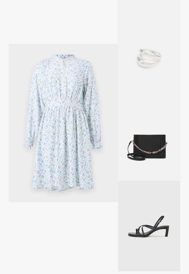 Kergelt sinisest ja valgest kangast lilleline kleit, millel on pikad varrukad, kogutud vöökoht ja kõrge kaelus. Omab delikaatseid botaanilisi mustreid.; Mustast rihmajalatsid ruudukujulise varba ja madala ploki kontsaga. Omab mitmeid õhukesi rihmasid ja reguleeritavat pahkluu rihma. Valmistatud siledast nahast.; Mustast nahast õlakott, mis omab siledat tekstuuri, ristküliku kuju ning esiküljel metallketi detaili. Reguleeritav rihm on kaasas.; Hõbedane kahekordne rõngas sujuva, poleeritud pinnaga. Omab voolavat, kõverat disaini, millel on kattuvad sektsioonid, et saavutada kaasaegne ilme.