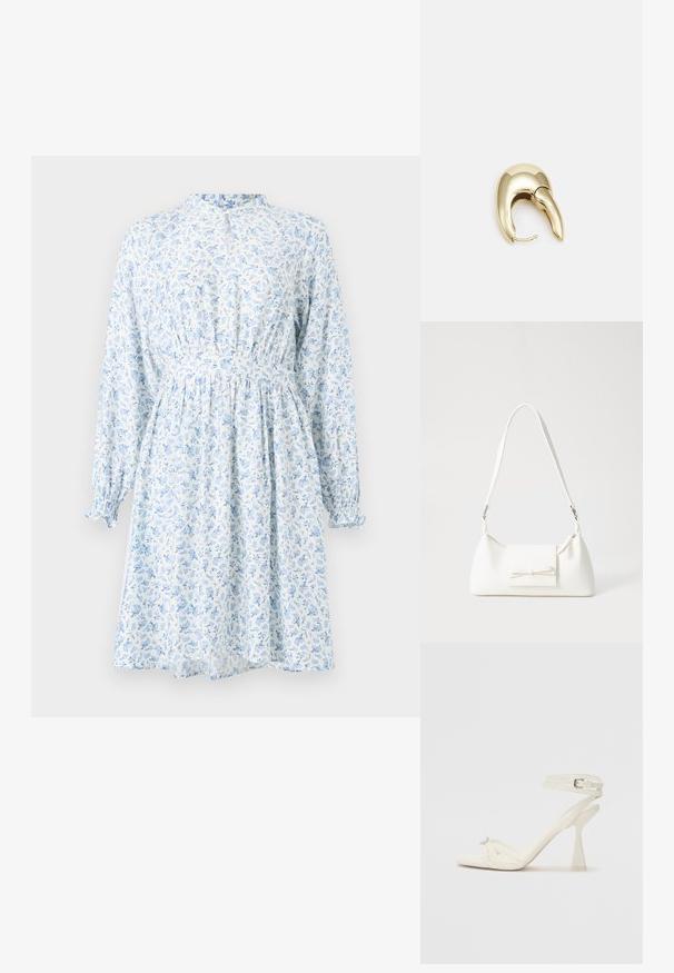 Cvetna obleka iz svetlo modre in bele tkanine, z dolgimi rokavi, nabrano pasom in visokim ovratnikom. Ponuja nežne botanične vzorce.; Sandal z visoko peto z naramnicami v beli usnjeni izvedbi s popolnim dizajnom, prozorno blok peto in dekorativnim elementom na prstih.; Bela sintetična torbica v obliki trikotnika, z ravnim sprednjim poklopcem in detajlom mašne, nastavljivim trakom, gladko teksturo in minimalističnim dizajnom.; Uhane nakit iz zlatastega tona z gladko, ukrivljeno zasnovo. Ima edinstveno koničasto obliko, polirano površino in zaponko s tečajem.