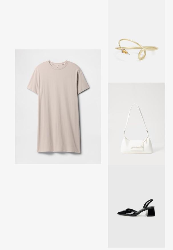 Hele beež t-särk-kleid, mis on valmistatud pehmest puuvillast, lühikeste varrukatega, ümmarguse kaelusega ja sirge lõikega, millel on sile tekstuur.; Mustad musta lakknahk kingad, millel on terav varvas ja geomeetriline plokkkonts. Omab elegantselt minimalistlikku disaini ja sujuvat tekstuuri.; Valge sünteetilisest materjalist kott kolmnurkse kujuga, lame esiklapiga ja kaaredetailiga, reguleeritava rihmaga, sileda tekstuuriga ja minimalistliku disainiga.; Kuldne metallist käevõru, millel on voolav ja kõver disain. Ühel otsal on väike, silmapaistev hõbedane aktsent.