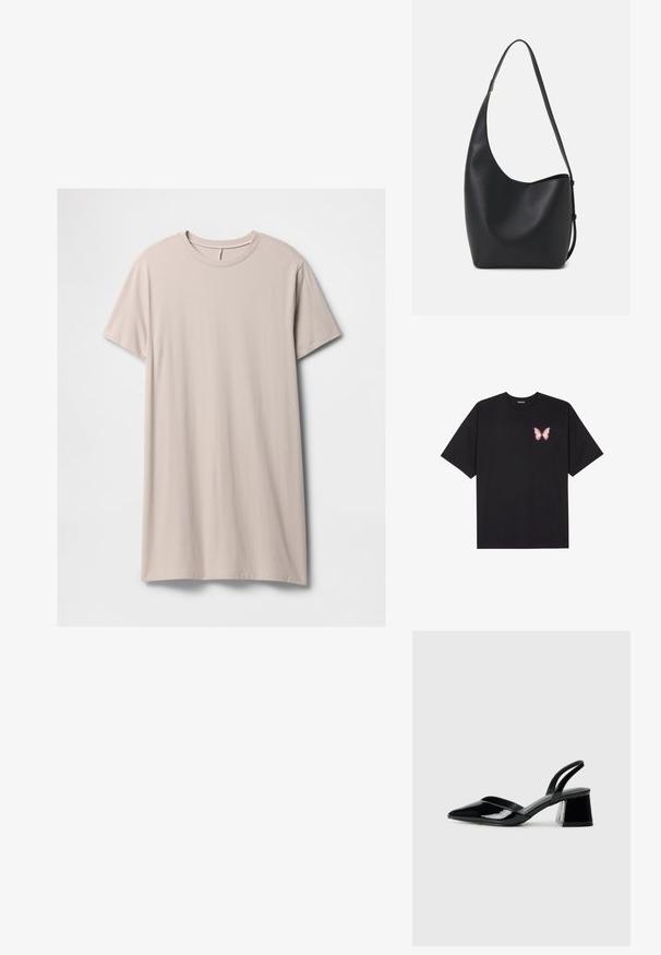 Šviesiai bežinis marškinėlių suknelė, pagaminta iš minkštos medvilnės, su trumpomis rankovėmis, apvalia iškirpte ir tiesiu siluetu, turinti lygią tekstūrą.; Juodas medvilnės marškinėliai trumpomis rankovėmis, su maža rožine drugelio grafika kairėje krūtinės pusėje. Apvalus kaklo iškirpimas, laisvas kirpimas.; Juodos lakuotos odinės šlepetės su smailiu pirštu ir geometriniu bloko kulnu. Turi elegantišką, minimalistinį dizainą ir lygų paviršių.; Juodas odinis hobo maišas su lygiu paviršiumi, kreipta forma ir viena reguliuojama rankena; turi platų atidarymą viršuje.