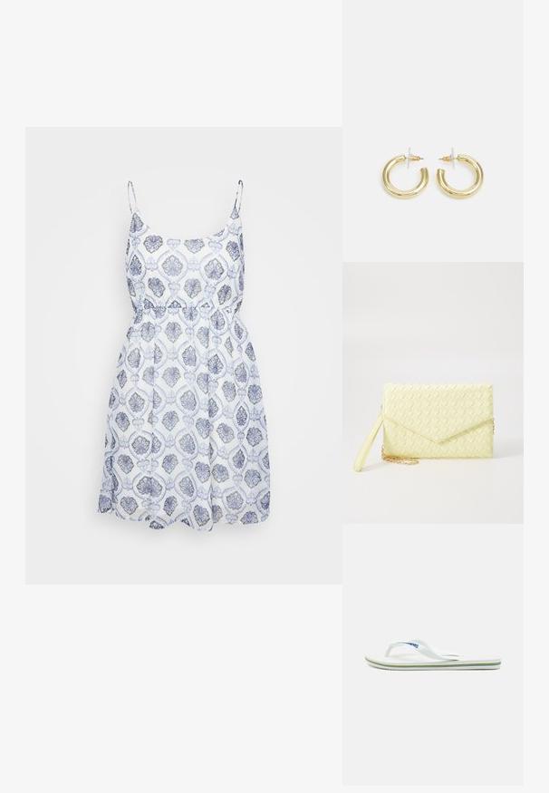 Rochie fără mâneci cu un corset ajustat și talie elastică. Model alb și albastru cu motive florale ornate pe un material ușor.; Sandale albe cu un talpă texturată, curele subțiri și o linie de accent multicolor pe talpă. Prezintă un logo pe curea.; Poșetă de mână țesută, de culoare galbenă, cu un design cu clapetă, curea detașabilă pentru încheietura mâinii și un accent din lanț auriu. Textură netedă și formă rectangulară.; Cercei cercuri din aur cu un finisaj neted și strălucitor. Design circular cu un mic suport și un spate transparent pentru o purtare sigură.