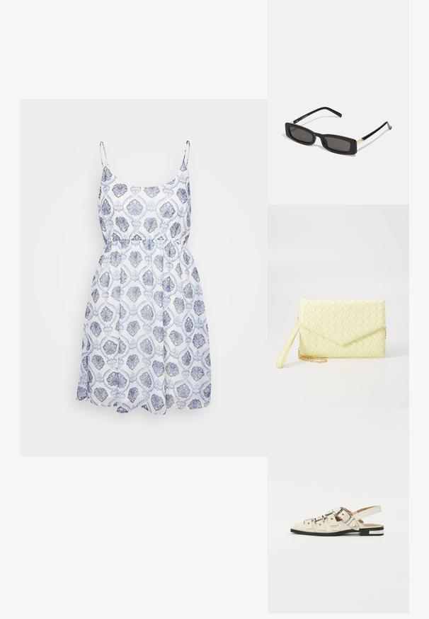 Rankovi su bešliai, su prigludusia liemene ir elastinga juosta. Mėlynos ir baltos spalvos raštas, vaizduojantis puošnius gėlių motyvus ant lengvos medžiagos.; Balno sandalai, pagaminti iš baltos odos, su keliais plačiais diržais ir sidabro spalvos sagtimis; plokščias padas su mažu juodu kulniuku ir metaliniais akcentais.; Juodos stačiakampės akinių nuo saulės su tamsiais lęšiais, blizgančiais plastikinių rėmų ir auksiniais akcentais ant šventyklų. Minimalistinis dizainas ir elegantiška forma.; Geltona audinė piniginė su užsegimu, nuimamą rankinę juostą ir auksinį akcentą. Lygi tekstūra ir stačiakampis forma.; Aukso auskarai su lygiu, blizgiu paviršiumi. Apvalus dizainas su maža užrakto dalimi ir skaidria atrama saugiam nešiojimui.