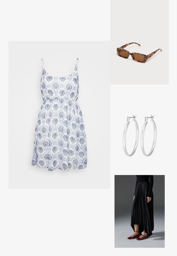 Hame ilman hihoja, jossa on tiukka yläosa ja joustava vyötärö. Sininen ja valkoinen kuvio, jossa on koristeellisia kukkakuoseja kevyessä kankaassa.; Musta pleatattu hame, jossa on korkea-matala helma, yhdistettynä kiiltäviin punaisiin ballerinoihin, joissa on nauhasuunnittelu. Kangas on sileä.; Aurinkoaurinkolasit kilpikonnakuosisilla, suorakulmaisilla ruskeilla linsseillä, paksulla kehysrakenteella ja ohuilla varsilla, joissa on vaihtelevaa ruskean sävyä.; Hope-silver rengas, joissa on sileä ja kiillotettu pinta. Pyöreä muoto ja turvallinen napsautettava lukitus. Kevyt muotoilu sopii päivittäiseen käyttöön.