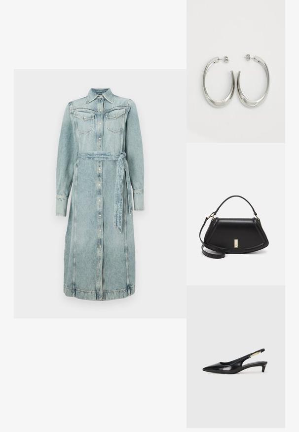 Jasnoniebieska sukienka koszulowa z dżinsu z guzikami z przodu, dwiema kieszeniami na piersi i pasującym paskiem. Długie rękawy i prosty krój.; Czarne skórzane szpilki typu slingback z ostrym noskiem, posiadające smukły obcas i złoty akcent na regulowanym pasku. Gładka tekstura.; Czarna skórzana torebka o strukturalnym designie, z przyciętą formą, górnym uchwytem i złotymi akcentami. W zestawie regulowany pasek na ramię.; Srebrne kolczyki-hoop o gładkim, zakrzywionym designie. Posiadają błyszczące metaliczne wykończenie i zapięcie na sztyft. Brak widocznych wzorów lub akcentów.