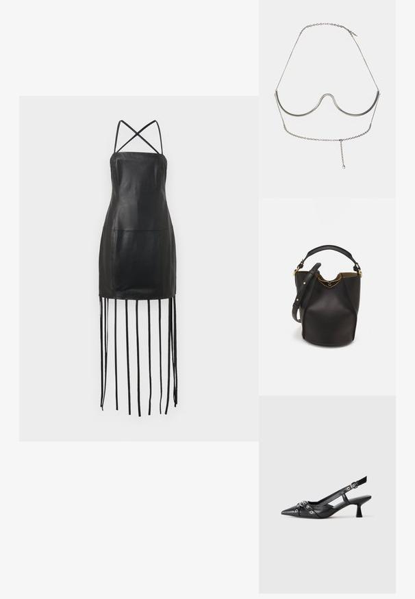 Musta nahkamekko ohuilla ristiinhaukuilla olkaimilla, tiukalla vartalonmyötäisellä yläosalla ja helman reunassa roikkuvilla reunuksilla. Silkkinen pinta ja minimalistinen muotoilu.; Mustat nahkakengät, joissa on avonainen takaosa ja kärjessä terävä muoto, koristevyöt, joissa on metalliset reiät, sekä matala lohkoepohja. Teksturoitu pinta.; Mustan nahka-buckettikassi, jossa on teksturoitu pinta, kultaiset metalliosat ja avoin yläosa. Ominaisuuksiin kuuluu lyhyt kahva ja säädettävä olkahihna.; Cult Gaia ASHA BODY JEWELRY - Muut asusteet - bright shiny silver-coloured