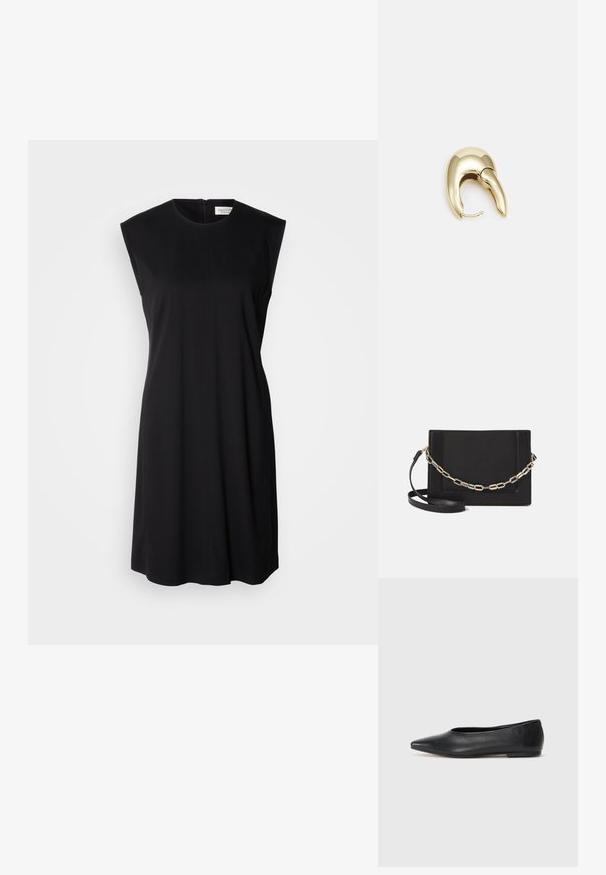 Crna haljina bez rukava od glatkog materijala, sa zaobljenim izrezom i zatvaračem na leđima. Ravnog kroja s minimalnim detaljima.; Crne kožne balerinke, uski vrh, minimalistički dizajn, glatka tekstura, niska peta, bez vidljivih dodataka ili ukrasa.; Crna kožna torba preko tijela s glatkom teksturom, pravokutnim oblikom i metalnim lancem na prednjoj strani. Uključena je podesiva naramenica.; Zlatne metalne naušnice s elegantnim, zakrivljenim dizajnom. Imaju karakterističan šiljast oblik, poliranu površinu i zatvaranje na šarku.