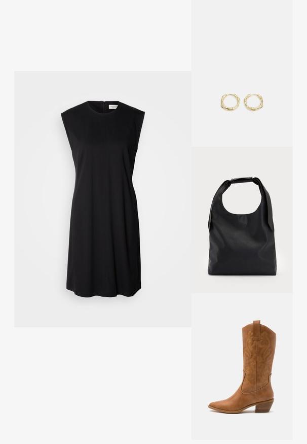 Černé bezrukávové šaty vyrobené z hladkého materiálu, s kulatým výstřihem a zadním zipem. Rovný střih s minimálními detaily.; Hnědé kožené kovbojské boty s špičatou špičkou, vyšívanými spirálovými vzory na štítech a s blokovým podpatkem. Obsahují poutko pro snadné obouvání.; Černá kůže hobo taška s jedním měkkým, zaobleným uchopem; má hladkou texturu a minimalistický design. Bez viditelného kovového doplňku nebo akcentů.; Zlaté kruhové náušnice s texturovaným, nepravidelným tvarem. Disponují bezproblémovým uzávěrem a leštěným povrchem, což zdůrazňuje moderní design.
