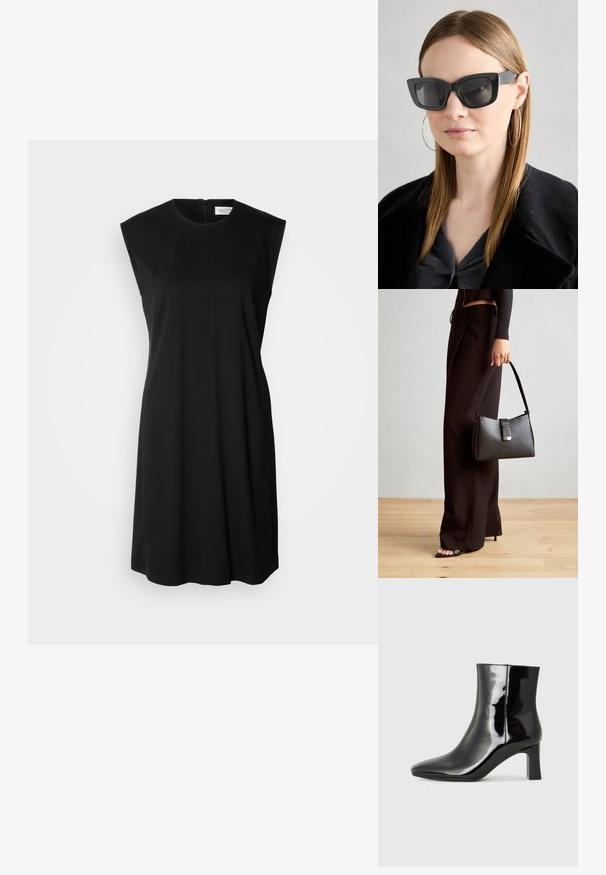 Juodas be rankovių suknelė, pagaminta iš glotnaus audinio, su apvalaus iškirpimo ir užtrauktuku nugaroje. Tiesus kirpimas, minimalus dekoravimas.; Juodos lakuotos odinės aulinukės su smailiu pirštu ir vidutinio aukščio blokuotu kulnu. Lygus paviršius ir minimalistinis dizainas.; Juodos katės akies saulės akiniai su tamsiais objektyvais, storo rėmo ir subtiliais akcentais. Dėvimi su juodu paltu ir pilku viršumi, turinčiu ilgus tiesius plaukus.; Juodas rankinė struktūrizuota forma, lygi tekstūra ir metalinis užsegimas. Suporuota su plačiomis juodomis kelnėmis ir atvirais bateliais ant medinių grindų.