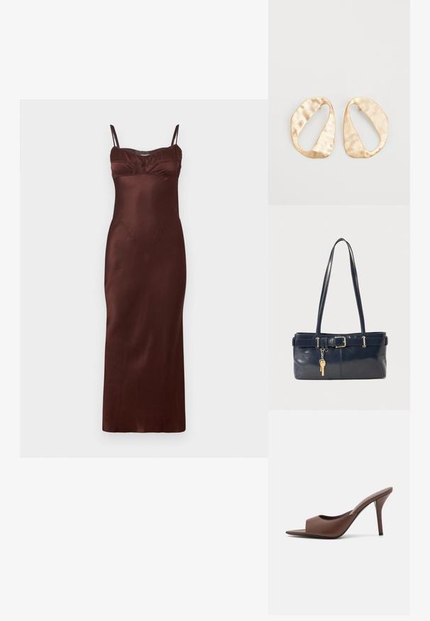 Sötétbarna selyem midi ruha vékony, állítható pántokkal, testhez simuló felsőrésszel, redőzött kidolgozással a mellrésznél és sima textúrával.; Barna bőr nyitott orrú magassarkú papucs, letisztult dizájnnal, széles elülső pánttal és karcsú stiletto sarokkal.; Sötétkék bőr kézitáska két hosszú fogantyúval, csattal díszítve és kulcstartóval. Simává polírozott textúrával és téglalap alakú dizájnnal rendelkezik.; Egy pár szabálytalan, ovális formájú, aranyszínű fém fülbevaló, enyhén kalapált felülettel, fehér háttéren.