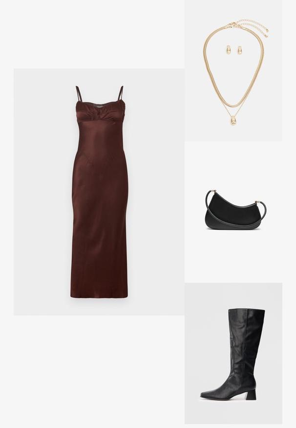 Tamsiai ruda satino midi suknelė su plonais reguliuojamais petnešomis, prigludusia liemene, susiraukšlėjimais krūtinės srityje ir lygiu paviršiumi.; Juodas odinis vidutinio ilgio botas su smailiu kojų pirštu ir blokuotu kulnu ant vienspalvio šviesaus fono.; Juodas odinis pečių krepšys su išlenktu dizainu, turintis tekstūruotą dirželį ir auksinės spalvos detalėmis viršutinėje užtrauktuko dalyje. Lygi apdaila.; Auksinis papuošalų komplektas, kuriame yra sluoksniuota karoliai su ašaros formos pakabuku ir atitinkamos stud auskarai, visi su blizgiu paviršiumi.