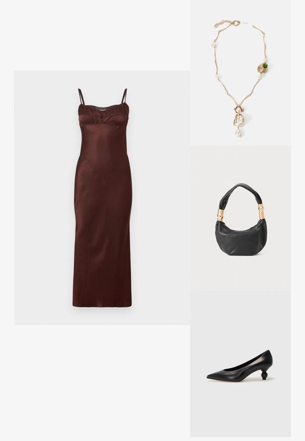 Satin midiklänning i mörkbrunt med tunna justerbara remmar, figurnära överdel, rynkdetaljer vid bysten och slät textur.; Svart läderhögklackad sko med spetsig tå och rund, bollformad klack. Slät yta med en elegant, minimalistisk design.; Svart läderhandväska med rund form, mjuk textur och ett knuthandtag med detaljer i guldfärg. Dragkedjestängning.; Guldtonad halsband med vridna länkar, vita pärlor och en grön stens accent. Har intrikata detaljer och en lås för stängning.