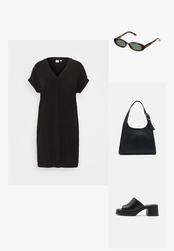 Črna kratka obleka s kratkimi rokavi in V-izrezom, sproščenega kroja. Narejena iz gladkega materiala z nežnim leskom, s srednjim šivom po sprednji strani.; Črne usnjene platforme mule z zaobljenim odprtim prstom, nizkim blokastim petkom in gladko teksturo. Minimalističen dizajn s čistimi linijami.; Žirafne sončna očala z ovalnimi okvirji in zelenimi lečami. Imajo tanke ročice z metalnim poudarkom blizu tečajev.; Črna usnjena torba z gladko teksturo, zaobljeno telo in enojni ramenski trak, ki ima okroglo zlatno okrasno dodatno opremo.