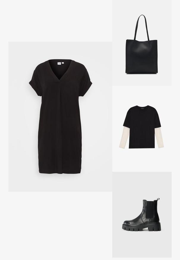 Svart klänning med kort ärm och V-ringning i en avslappnad passform. Tillverkad av ett mjukt tyg med en subtil lyster, med en centralseam längs framsidan.; Svart t-shirt i bomull, med korta ärmar över ett vitt långärmat lager med en subtil texturdesign. Rundad halsringning.; Svart läderankelboot med elastiska sidopaneler, tjock sål med mönster och dragband på ljusgrå bakgrund, sidovy.; Svart lädertoffelväska med slät textur, rektangulär form och två långa handtag. Ingen synlig hårdvara eller dekorationer.