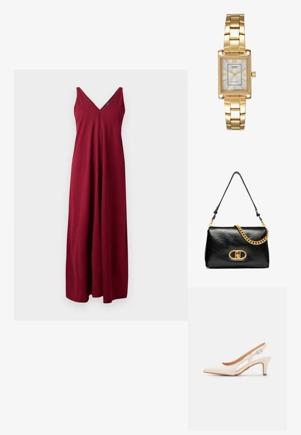 Bordo brezrokavna maksi obleka z V-izrezom, izdelana iz mehkega materiala, z ohlapnim krojem in dolžino do tal.; Bela slingback peta z ostrim nosom, gladka zgornja prevleka, nizka blok peta in zasnova z stranskimi izrezi ter nastavljivim trakom z zaponko.; Črna usnjena torbica za ramo z gubano teksturo, zlatim verižnim dodatkom in izrazitim zlatim sponko z ovalnim logotipom. Prilagodljiv trak za ramo.; Zlato obarvana pravokotna ročna ura z belo številčnico, srebrnimi kazalci in trdno kovinsko zapestnico. Vključena je vodoodporna funkcija.