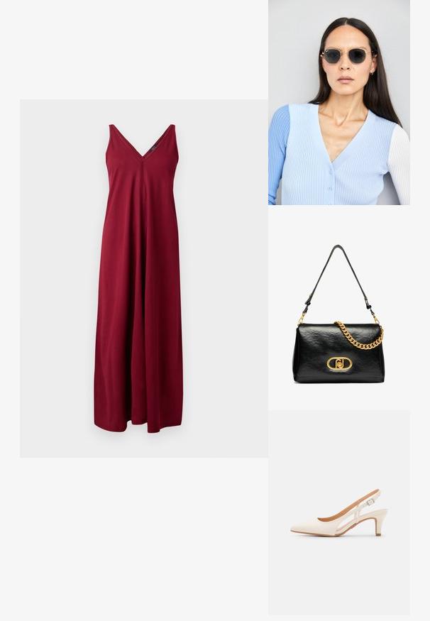 Rochie lungă fără mâneci, de culoare burgundy, cu decolteu în V, realizată dintr-o țesătură moale, având o croială lejeră și un design până la podea.; Sandaie cu toc alb, cu vârful ascuțit, material superior neted, toc mic tip bloc și design cu decupaj lateral, cu curea ajustabilă.; Ochelari de soare rotunzi cu lentile întunecate și rame aurii. Modelul poartă un cardigan ribbed de culoare albastru deschis cu nasturi și mâneci albe în contrast.; Geantă de umăr din piele neagră cu textură plisată, accent de lanț aurit și o clapetă aurie proeminentă cu un logo oval. Rucsă ajustabilă.; Ceas de mână rectangular cu nuanță aurie, cu un cadran alb, marcaje argintii pentru ore și o brățară din linkuri metalice durabile. Include caracteristica de rezistență la apă.