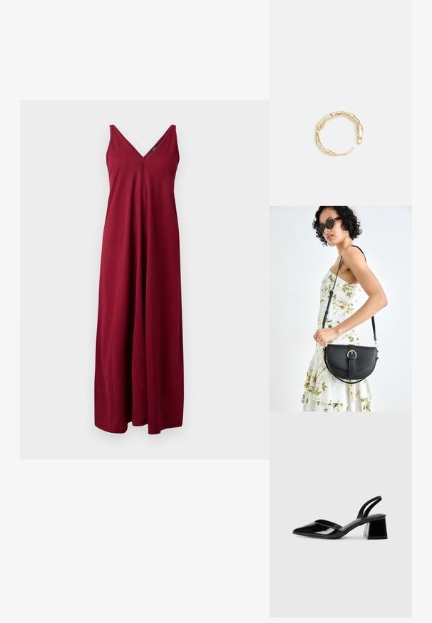 Bordo brezrokavna maksi obleka z V-izrezom, izdelana iz mehkega materiala, z ohlapnim krojem in dolžino do tal.; Črne lakirane slingback pete s koničastim nosom in geometrijsko blokasto peto. Imajo eleganten, minimalističen dizajn in gladko teksturo.; Črna usnjena torbica s ukrivljeno obliko, z odstranljivo naramnico in zlatimi dodatki. Torbica ima pokrov s podrobnostmi v obliki zaponke.; Zlati prstan s organskim, zvitim dizajnom, gladko površino in taperiranimi konci, ki ustvarja modernega, skulpturalnega videza.