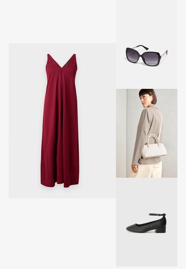 Burgunderfarget ermeløs maxi-kjole med V-hals, laget av myk stoff, med en løs passform og gulvlengde design.; Sorte skinnpumper med spiss tå og lav blokkhelt. Har ankelrem med gullfarget spenne. Glatt tekstur.; Sorte oversized solbriller med gradient linser, tykke rammer og detaljering med gulltonekjede på tempelarmene.; Hvit strukturert håndveske med korte håndtak og skulderreim, med detaljer i gullfinish og teksturert materiale, vist mot en grå bakgrunn.