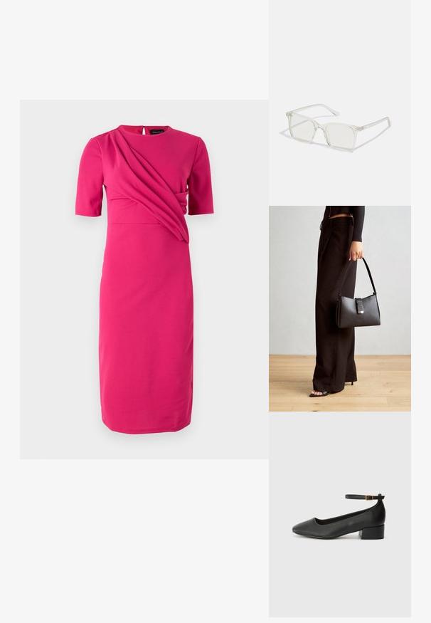 Vestido fúcsia feito de um tecido suave, com mangas curtas, decote redondo e detalhes drapeados na área do corpete.; Sandal de pele preta com bico pontiagudo e um salto bloco baixo. Apresenta uma tira no tornozelo com uma fivela em tom dourado. Textura suave.; Óculos quadrados de plástico transparente com lentes translúcidas, apresentando detalhes em dourado nas hastes.; Bolsa preta com forma estruturada, textura suave e um fecho metálico. Combinada com calças largas pretas e sandálias de salto aberto sobre um chão de madeira.
