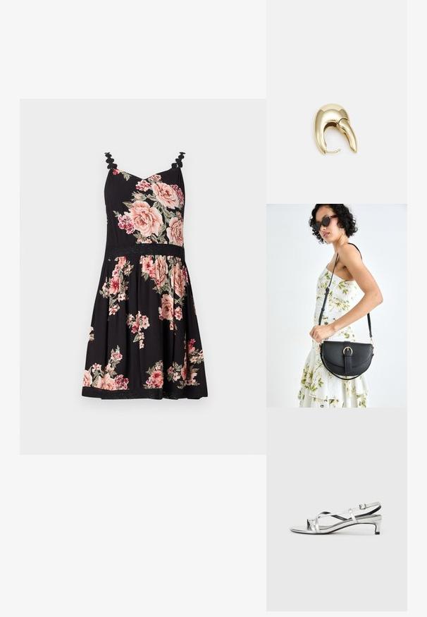 Blommig sommardress med svart bakgrund, rosa och vita rosor, volangärmar, figursydd bodice, utsvängd kjol, spetsdetalj vid fållen.; Silverfärgad metallisk slingback-sandal med låg klack, som har korsade remmar och en slät yta. Minimalistisk design.; Svart läderhandväska med en böjd form, avtagbar rem och guldiga detaljer. Väskan har ett lock med en spänndetalj.; Örhänge i guldtonad metall med en elegant, böjd design. Har en distinkt spetsig form, polerad yta och gångjärnslås.