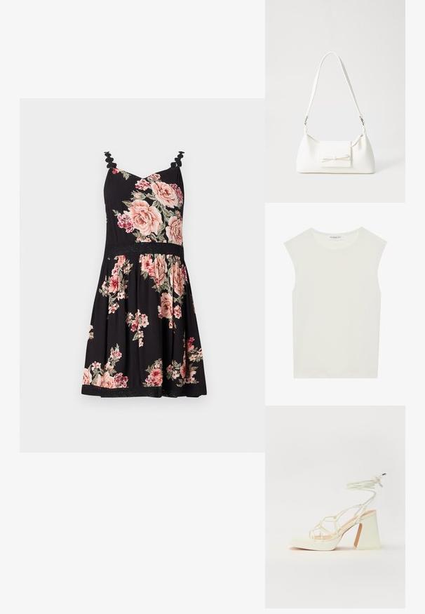 Lillelillede kleit mustal taust, roosad ja valged roosid, volangidega rihmad, keha lähedal istuv bodi, laitmatud seelikud, pitsääris all.; Valge ilma varrukateta topp ümmarguse kaelusega. Valmistatud siledast kangast, sellel on mugav lõige ja minimalistlik disain. Ei ole mustreid ega aksessuaare.; Valged kõrge kontsaga sandaalid, millel on paks konts ja rihmadega disain koos pahkluu sidumisega. Sile tekstuur ja platvorm ees, et lisada kõrgust.; Valge sünteetilisest materjalist kott kolmnurkse kujuga, lame esiklapiga ja kaaredetailiga, reguleeritava rihmaga, sileda tekstuuriga ja minimalistliku disainiga.