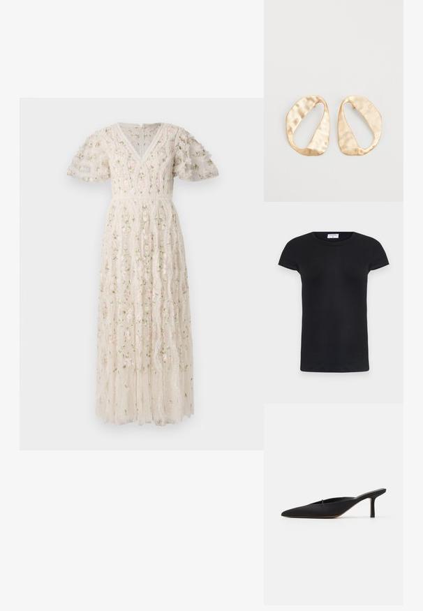 Geborduurd jurk in ivoorkleurige stof met korte pofmouwen, v-hals, bloemenpatronen in roze en groen, en een gelaagde roklijn.; Zwarte geribbelde T-shirt met een ronde hals en korte mouwen. Zacht stof met een aansluitende pasvorm, met een label bij de nek.; Zwarte muiltje met spitse neus en een strak ontwerp, gemaakt van gladde stof, met een slanke hak en open achterkant voor gemakkelijk aan- en uittrekken.; Een paar onregelmatig ovale, gouden metalen oorbellen met een gestructureerd, lichtgehamerd oppervlak op een witte achtergrond.