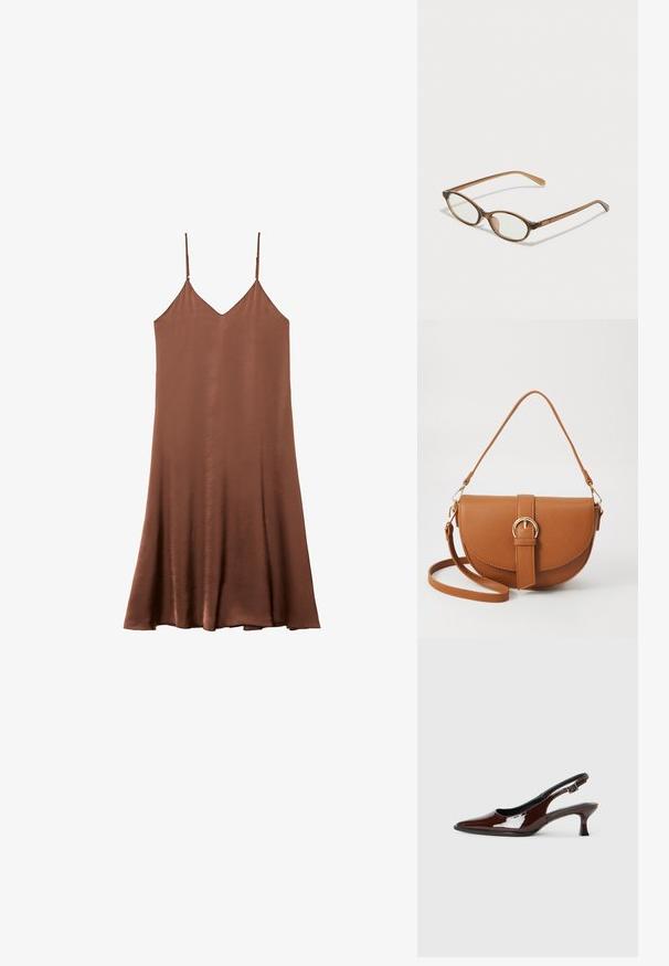 Braunes Satin-Spaghettikleid mit verstellbaren Spaghettiträgern, V-Ausschnitt und fließender A-Liniensilhouette. Glatte Textur und Einfachheit im Design.; Braune Lackleder-Slingback-Schuhe mit spitzer Zehe und moderatem Absatz. Mit einem Schnallenriemen für einen sicheren Sitz. Glatte Textur.; Braune Schildpatt-Brille mit ovalen Gläsern, dünnen Bügeln und transparenten Akzenten. Verfügt über ein dezentes Logo am Bügel. Elegantes, leichtes Design.; Braune Leder-Crossbody-Tasche mit geschwungener Form, goldfarbenen Beschlägen und einer Schnallenakzentuierung. Verfügt über einen abnehmbaren Schultergurt.