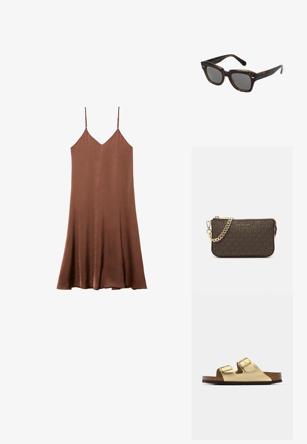 Hnědé saténové slipové šaty s nastavitelnými špagetovými ramínky, výstřihem do V a splývavým A-článkem. Hladká textura a jednoduchost v designu.; Zlaté veganské kožené sandály se dvěma nastavitelnými popruhy, korkovou stélkou a tmavou gumovou podrážkou. Hladký povrch s metalickým leskem.; Obdélníkové sluneční brýle s rámem z želvovinového plastu, tmavými skly a stříbrnými akcenty po stranách. Vyrobeno v Itálii.; Hnědá kožená crossbody taška s logem, zlatým řetízkem, zipovým uzávěrem a zlatými akcenty. Kompaktní a obdélníkový tvar.
