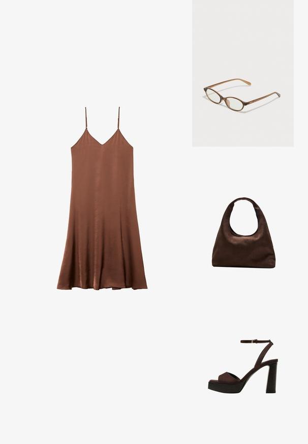 Rjava satenasta obleka z naramnicami, prilagodljivimi po dolžini, v izrezom v obliki črke V ter s širokim, A-linijskim krojem. Gladka tekstura in preprostost oblikovanja.; Rjave semiš sandale z visoko peto, odprto spredaj, z nastavljivim gležnjenjem in črtastim podplatom.; Rjavo želvovina očala z ovalnimi lečami, tankimi ročaji in prosojnimi detajli. Imajo subtilen logo na templetu. Eleganten, lahek dizajn.; Mehakna rjava torbica v hobo stilu z enim širokim trakom in ukrivljenim odprtjem na vrhu, prikazana na beli podlagi.