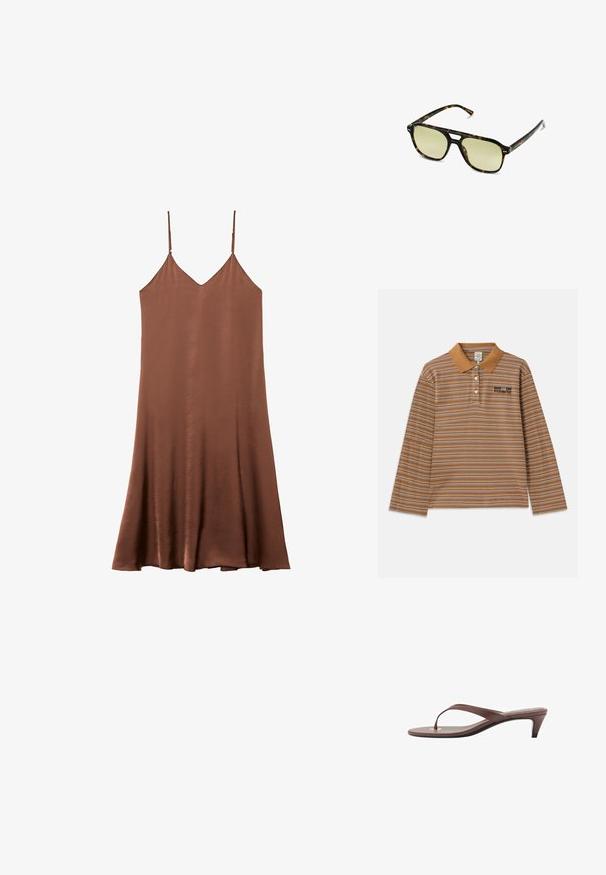 Robe nuisette en satin marron avec des bretelles spaghetti réglables, décolleté en V et une silhouette fluide en A. Texture lisse et simplicité du design.; Polo à manches longues marron avec des rayures horizontales blanches et violettes, un col, et un logo brodé sur la poitrine.; Sandale à talons brune avec une fine lanière et un entre-doigts arrondi, arborant un petit accent doré sur le semelage.; Lunettes de soleil écaille de tortue avec une forme rectangulaire, des verres teintés de vert et des montures en acétate à motifs. Présente des accents en métal près des verres.