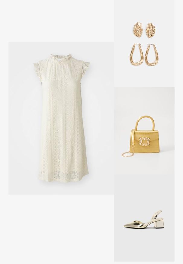 Csipkeruha törtfehér színben, magas nyakkal és fodros, rövid ujjakkal. Texturált mintával és egyenes, térdig érő szabással.; Arany, fémből készült slingback sarkú cipők hegyes orral és vastag sarokkal. Simaság, minimalista design és keskeny pánt jellemzi.; Sárga műbőr krokodil mintás kézitáska strukturált kialakítással, felső fogantyúval, leválasztható lánccal és díszes kristály díszítéssel a záron.; Aranyszínű fülbevalók, texturált, hullámos formákkal. Tartalmazza a szobrászati klipszes studokat és az open hoop kialakítást, kalapácsos felülettel.