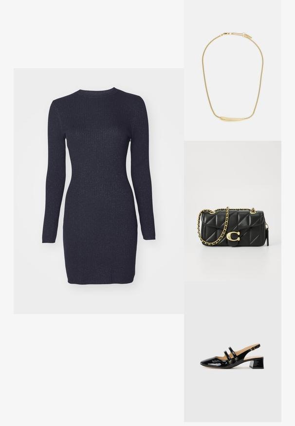 Robe en tricot côtelé bleu marine avec des manches longues et un col rond. Le tissu présente un léger scintillement. Silhouette ajustée, design à longueur genou.; Chaussure slingback en cuir verni noir avec bout pointu, détail de deux brides, accents circulaires dorés et un petit talon carré.; Sac à main en cuir matelassé noir avec une bandoulière en chaîne dorée et un fermoir à bascule avec un accent circulaire. Forme rectangulaire compacte.; Collier plaqué or avec un accent central lisse et courbé. Possède une chaîne flexible avec un fermoir à homard et des maillons supplémentaires ajustables.