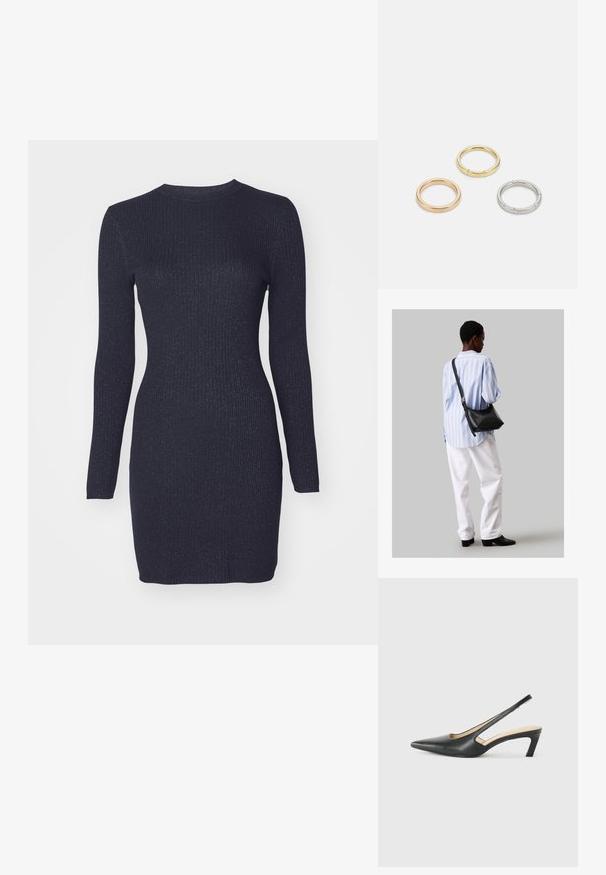 Tumes ribatatud kudumiga kleit pikkade varrukatega ja ümarast kaelusest. Kangas sisaldab peent sära. Keha järgi vormitud struktuur, põlve pikkune mudel.; Must mustaga, terav varvas, madala kontsaga sildiga king, mis on valmistatud siledast nahast ja mille küljel on lõike disain hingavuse tagamiseks.; Must have mustras alasi nahkpatsi, pehme tekstuuriga, kolmnurkse kujuga ja reguleeritava rihmaga, koos helesinise triibulise särgi ja valgete pükstega.; Kolme metallist rõngast: üks roosa kuld, üks kuld tekstuursete aktsentidega ja üks hõbe, kõik sisepoolt graveeritud brändinguga.