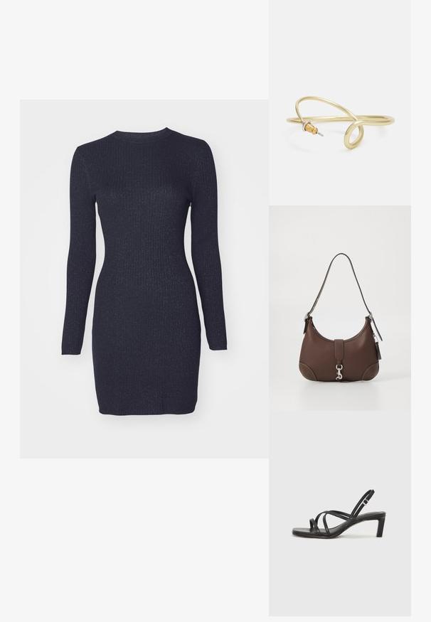 Marineblaues geripptes Strickkleid mit langen Ärmeln und rundem Ausschnitt. Der Stoff verfügt über einen subtilen Glitzer-Effekt. Eng anliegende Form, knielange Gestaltung.; Schwarze Sandale mit Riemchen, quadratischer Zehenform und niedrigem Blockabsatz. Verfügt über mehrere dünne Riemen und einen verstellbaren Knöchelriemen. Hergestellt aus glattem Leder.; Braune Lederhandtasche mit runder Form, silbernem Zubehör und dekorativer Naht. Verfügt über einen Schulterriemen und einen Verschluss mit Clip.; Goldfarbener Metallarmreif mit fließendem, geschwungenem Design. Er verfügt an einem Ende über einen kleinen, auffälligen, silberfarbenen Akzent.