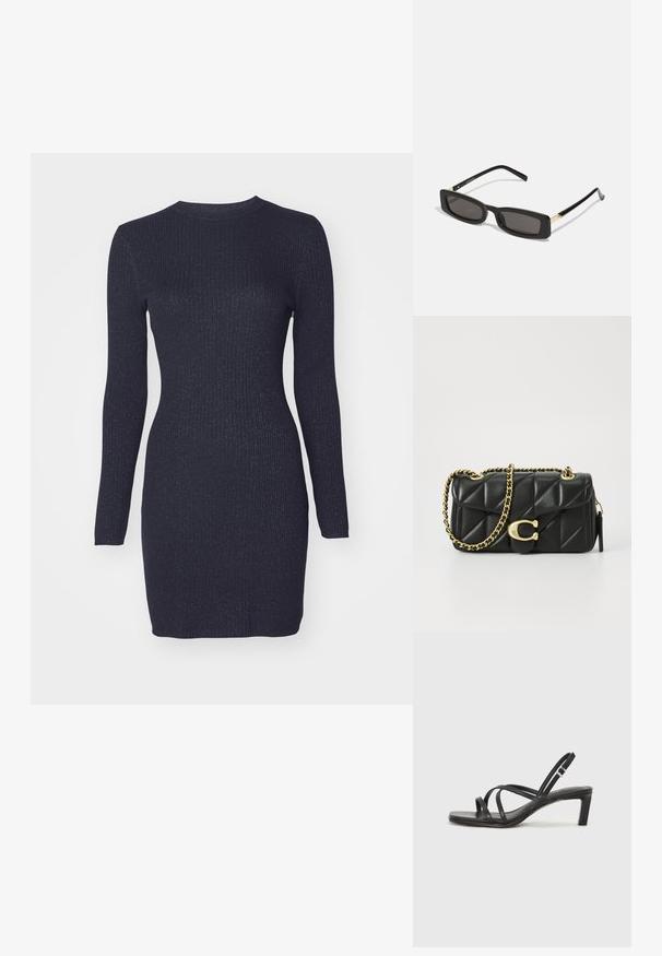Marineblaues geripptes Strickkleid mit langen Ärmeln und rundem Ausschnitt. Der Stoff verfügt über einen subtilen Glitzer-Effekt. Eng anliegende Form, knielange Gestaltung.; Schwarze Sandale mit Riemchen, quadratischer Zehenform und niedrigem Blockabsatz. Verfügt über mehrere dünne Riemen und einen verstellbaren Knöchelriemen. Hergestellt aus glattem Leder.; Schwarze rechteckige Sonnenbrillen mit dunklen Gläsern, glänzenden Kunststoffrahmen und goldenen Akzenten an den Bügeln. Minimalistisches Design und schlanke Form.; Schwarze, gesteppten Lederhandtasche mit einer goldfarbenen Kettenriemen und einem Drehverschluss, der mit einem runden Akzent verziert ist. Kompakte rechteckige Form.