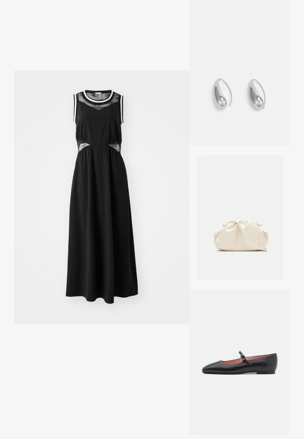 Musta maksimekko ilman hihoja, jossa on verkkopaneelit vyötäröllä ja kontrastivalkoinen koristelu kaula-aukossa ja hihojen aukkoissa. Sileä kankaan rakenne.; Musta nahkakengät, joissa on terävä kärki ja nilkkahihna, jossa on kultainen solki. Sileä pinta, jossa on hieman kiiltävä viimeistely.; Kermapunah, tas faux leather lembut dengan desain berkerut, tali yang dapat disesuaikan, dan penutupan tali yang halus. Tekstur mulus dan bentuk bulat.; Hopehope hopeat hopeatit hopear hope yihiin haghoot shagagaa se hopear hopee haghoot khaainih raakhahikh raahol alukh hringiismee kood tekkahaiish.