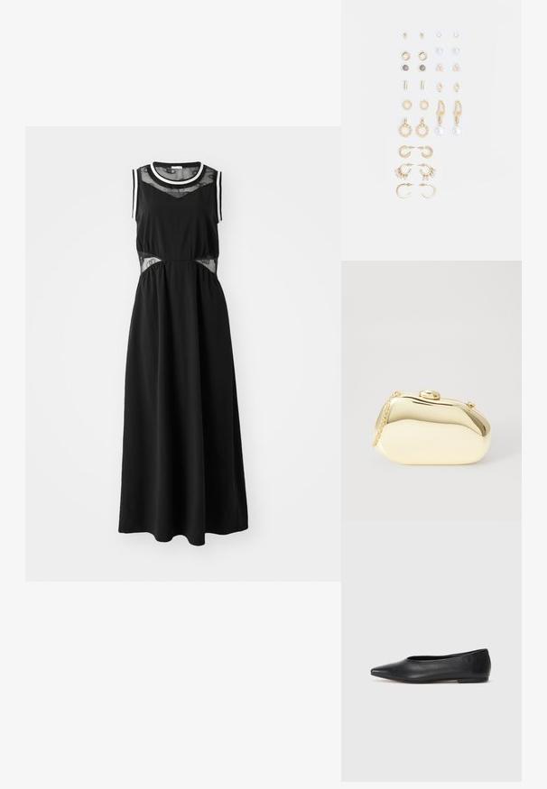 Svart maxikjole med ermeløs design, nettpaneler i midjen og kontrasterende hvit kant ved utringningen og armhulene. Glatt stofftekstur.; Sorte lærballerina med spiss tå, minimalistisk design, glatt tekstur, lav hæl uten synlig metall eller dekorasjoner.; Metallisk gull clutch med en glatt, rund form, med en toppknapp-lås og et lite kjede for bæring.; Sett med gullfargede øredobber med ulike design, inkludert stikkere, hoops og hengende deler med perler og rhinestones.