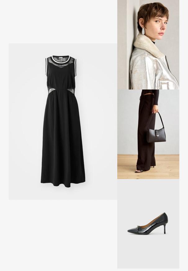 Musthave mustikasukien, millel on varrukatuks ja meeste paneelid vöökoht, samuti kontrastne valgeäär kaela- ja käeaukudel. Sujuv kangastekstuuri.; Must musta korkeakorkoiset kengät läpikuultavasta mustasta mokasta, joissa on teräväpäinen kärki, koristeellinen nauha edessä ja ohut stilettokorko.; Must musta kott, millel on struktureeritud kuju, sile tekstuur ja metallist klamber. Kombineeritud laiate mustade pükstega ja avatud varvaste sandaalidega puidust põrandal.; Hõbedane metallik nahktagi, millel on villane kaelus, lukuga sulgemine ja tekstuurpind. Suured tilga kujulised kõrvarõngad selgete gemmidega.