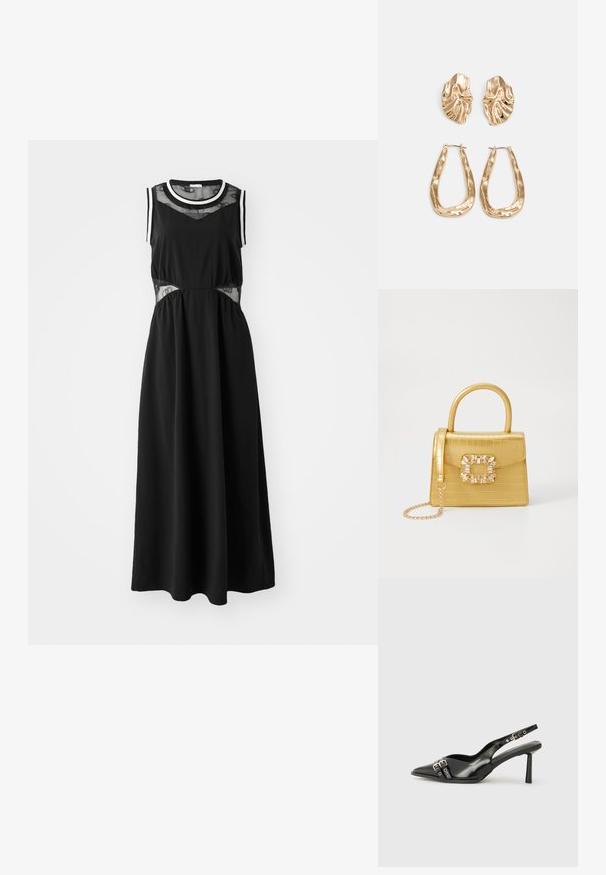 Svart maxikjole med ermeløs design, nettpaneler i midjen og kontrasterende hvit kant ved utringningen og armhulene. Glatt stofftekstur.; Sorte patentlær slingback-sko med spiss tå, ankelremmer med sølvspenner og detaljer, og en slank hæl.; Gul faux-krokodille veske med en strukturert design, toppen håndtak, avtagbar kjede stropp, og dekorativ krystallbortsettelse på låsen.; Gullfargede øredobber med teksturerte, bølgete former. Inkluderer skulpturelle klipsstuds og åpen hoop-design med en hamret finish.