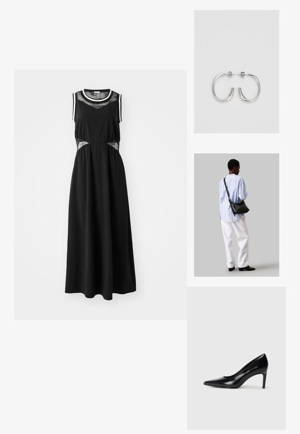 Melnā maksi kleita ar bezplecu dizainu, sieta paneļiem jostasvietā un kontrastējošu balto apdari apkaklei un roku atverēm. Gluda auduma tekstūra.; Melnas ādas augstpapēžu kurpes ar norādītu purngali, gludu tekstūru un šauru papēdi. Minimālistisks dizains, bez papildu rotājumiem.; Melna ādas plecu soma ar mīkstu tekstūru, trīsstūra formu un regulējamu siksnu, apvienota ar gaiši zilu svītrotu krekli un baltām biksēm.; Sudraba riņķveida auskari ar gludu, spīdīgu apdari. Apaļas formas, viegla dizaina, ar aizdari uz stieples.