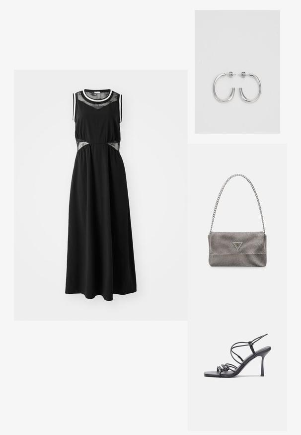 Musta maksimekko ilman hihoja, jossa on verkkopaneelit vyötäröllä ja kontrastivalkoinen koristelu kaula-aukossa ja hihojen aukkoissa. Sileä kankaan rakenne.; Mustat korkokengät sandaalit, joissa on ohuet hihnat solmittuna, sileä neliön muotoinen varvasosa ja tyylikäs stiletto-korko.; Vaalea harmaa metallinen käsilaukku, jossa on ketjusanka. Laukku on koristeltu pienillä pyöreillä metallikoruilla ja kolmion muotoisella brändilogolla.; Hopeiset korvarenkaat, joissa on sileä ja kiiltävä pinta, kaareva muoto ja piikkikiinnitys. Minimalistinen muotoilu modernilla viimeistelyllä.