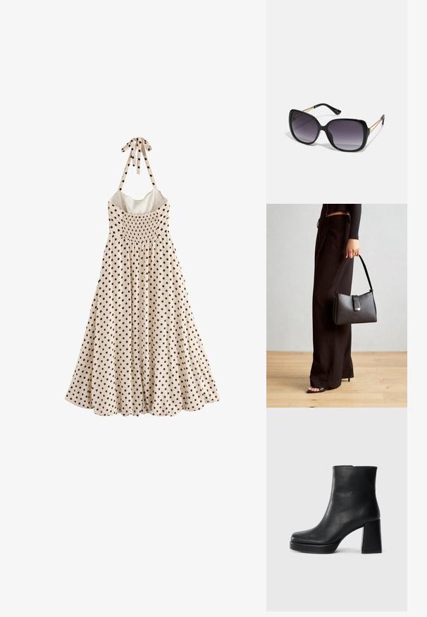 Ein ärmelloses, cremefarbenes Kleid mit schwarzen Pünktchen, einem gerafften Oberteil und einer Schleife am Kragen, das zu einem ausgestellten Saum fällt.; Schwarze Leder-Stiefelette mit Blockabsatz und Plattformsohle, seitlich auf einem schlichten weißen Hintergrund betrachtet.; Schwarze übergroße Sonnenbrille mit getönten Gläsern, dicken Rahmen und goldfarbener Kettendetaillierung an den Bügeln.; Schwarze Handtasche mit strukturierter Form, glatter Textur und einem metallischen Verschluss. Kombiniert mit weiten schwarzen Hosen und offenen Sandalen auf einem Holzboden.