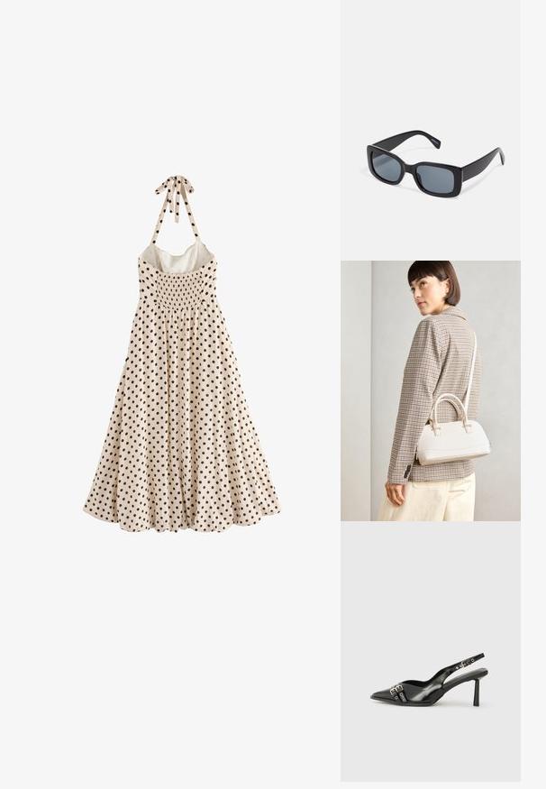 Bezrukávové krémové šaty mají černé puntíky, nařasený korzet a zavazování u krku, spadají do rozšířeného lemu.; Černá lakovaná slingback obuv s špičatou špičkou, kotníkovými pásky s kovovými sponami a příslušenstvím, a štíhlým podpatkem.; Černé obdélníkové sluneční brýle s tmavými skleněnými čočkami, silným plastovým rámem a širokými spánky. Hladký povrch a hranatý design.; Bílá strukturovaná kabelka s krátkými uchy a ramenním popruhem, zdobená zlatými kovovými prvky a texturovaným materiálem, vystavená na šedém pozadí.